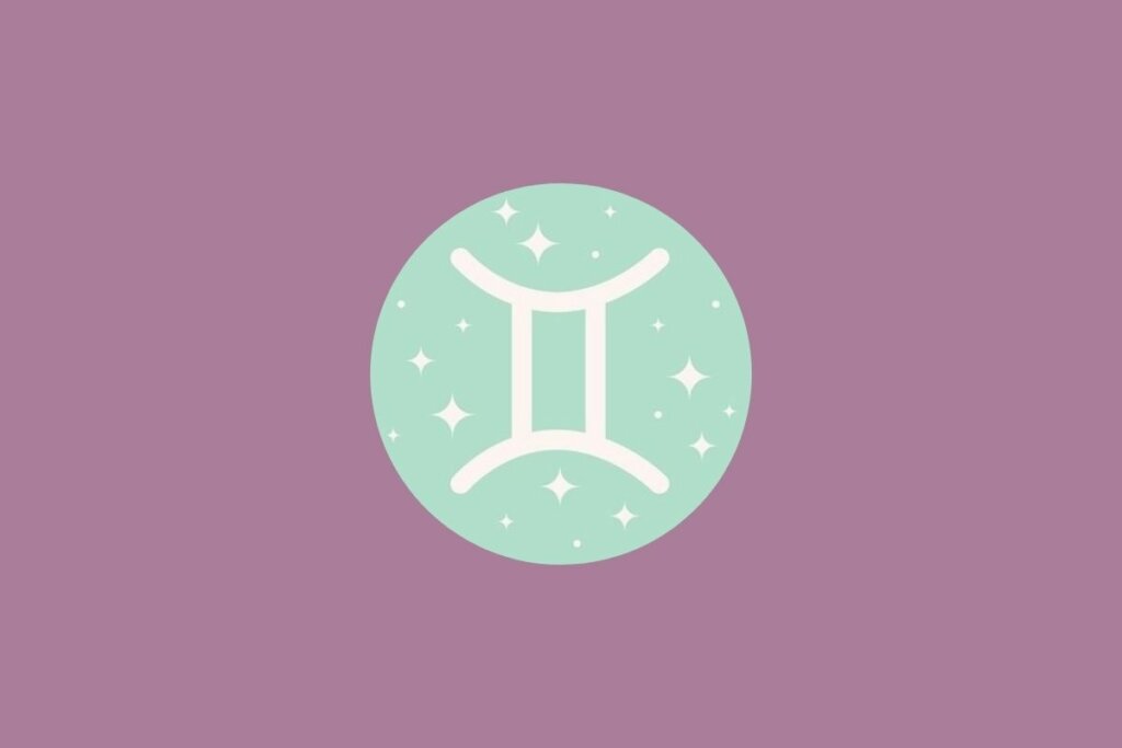 Ilustração de círculo verde com estrelas e símbolo do signo de gêmeos sobre fundo roxo