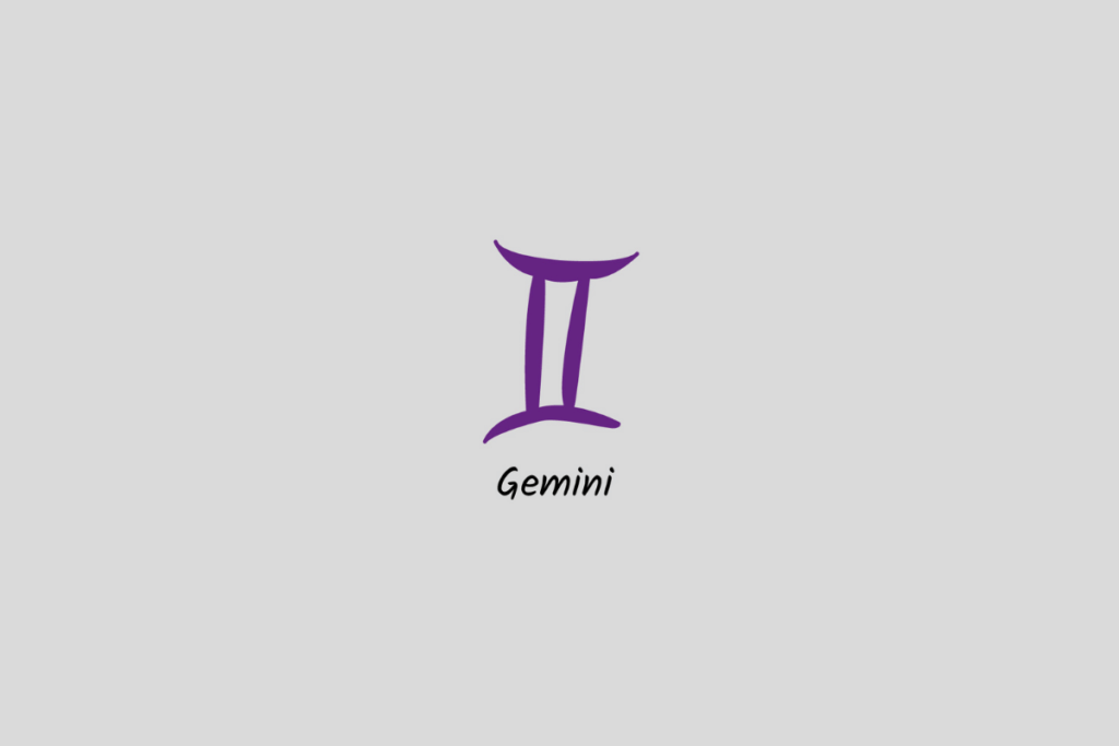 Ilustração do signo de Gêmeos em roxo, com o nome abaixo, centralizada sobre um fundo cinza-claro
