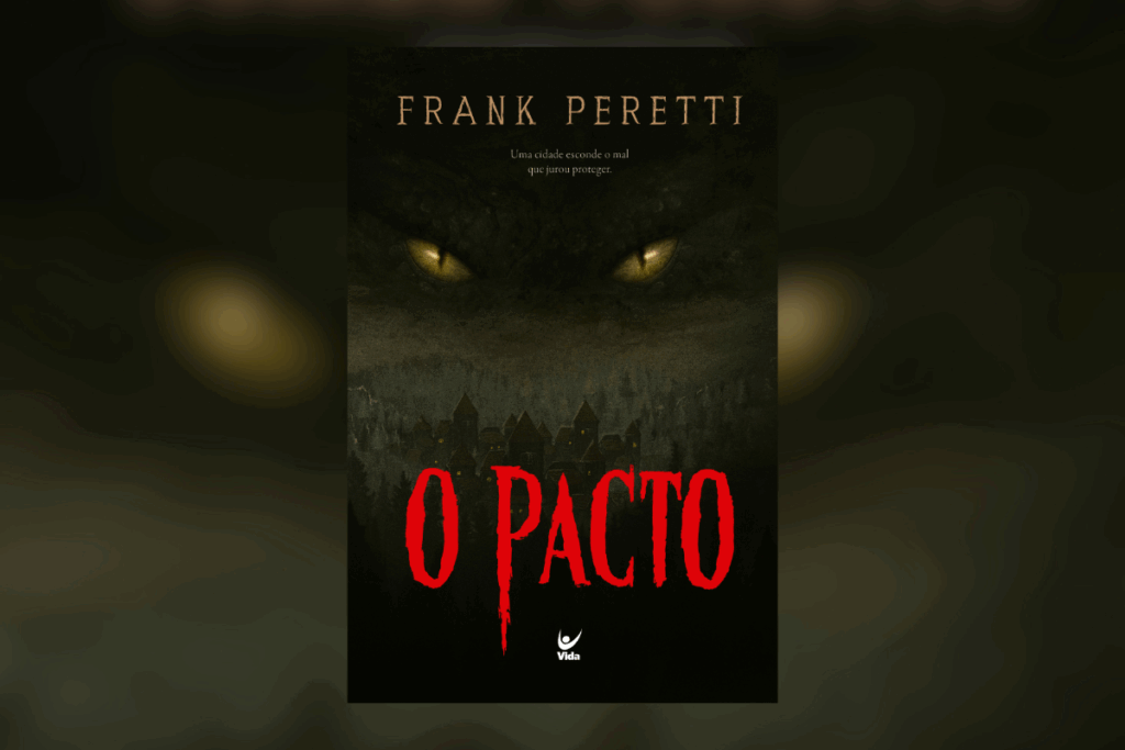 Capa do livro “O Pacto”, com olhos amarelos sobre uma cidade escura cercada por floresta. Capa do livro “O Pacto”, com olhos amarelos sobre uma cidade escura cercada por floresta.