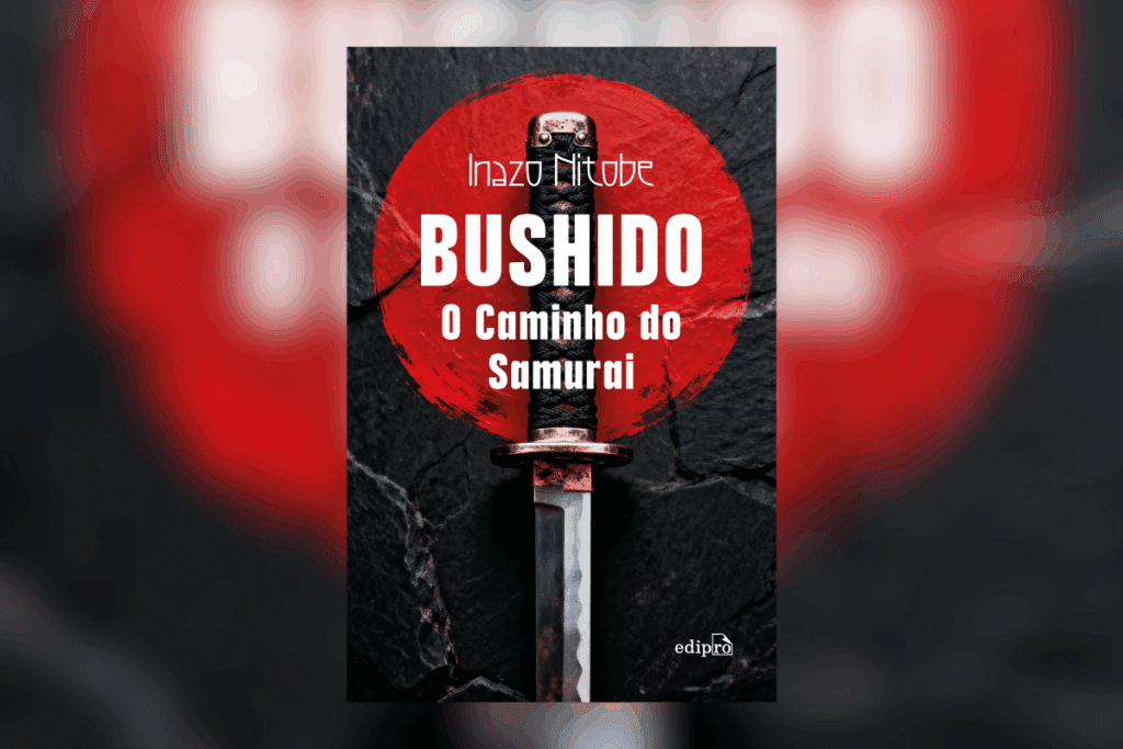 Capa do livro “Bushido — O caminho do samurai”, com uma espada japonesa sobre um círculo vermelho. Capa do livro “Bushido — O caminho do samurai”, com uma espada japonesa sobre um círculo vermelho.