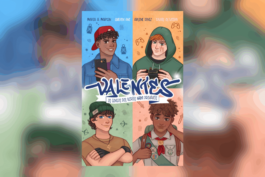 Capa ilustrada do livro “Valentes”, com retratos de quatro jovens em quadrantes coloridos. Capa ilustrada do livro “Valentes”, com retratos de quatro jovens em quadrantes coloridos.