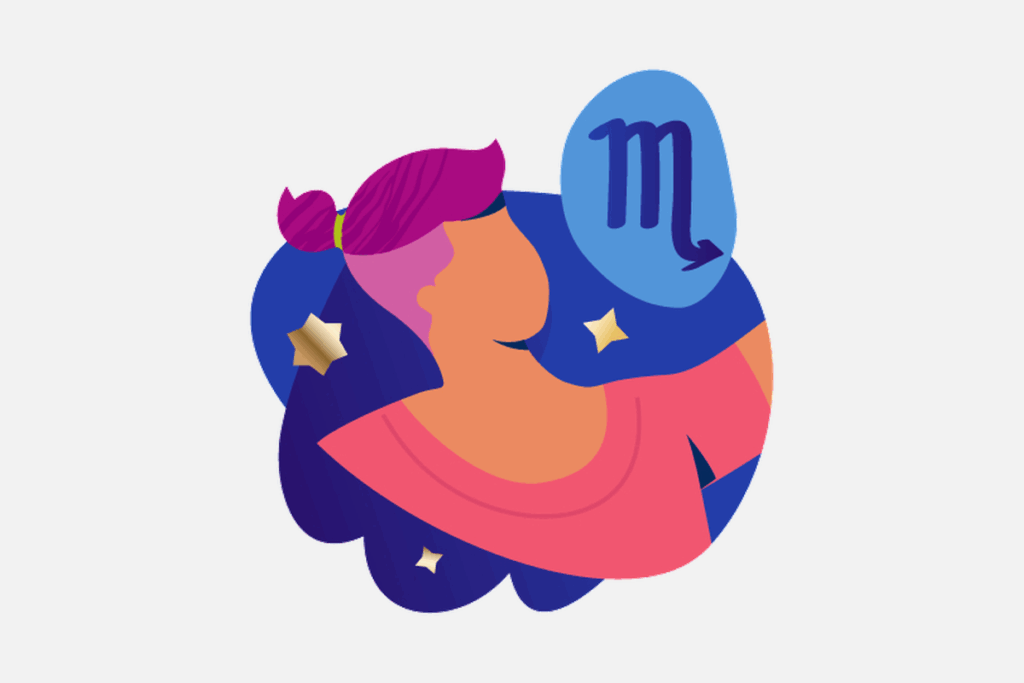 Ilustração do signo de Escorpião, contendo o perfil de uma pessoa de cabelo magenta preso e o símbolo de Escorpião em um balão azul.