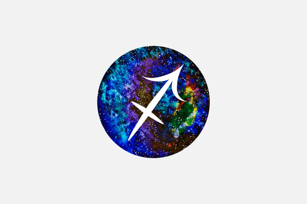 Ilustração do signo de Sagitário, em fundo cinza-claro, contendo um disco com textura de galáxia estrelada em tons de azul e verde com o símbolo do arqueiro, formado por uma flecha diagonal cruzada por um traço branco.