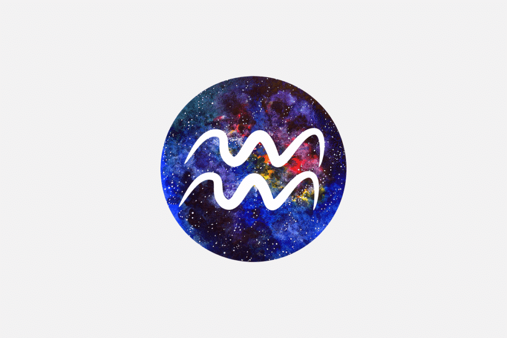 Ilustração do signo de Aquário, em fundo cinza-claro, contendo um disco com textura de galáxia estrelada em tons de azul e vermelho com o símbolo do signo, formado por duas linhas onduladas paralelas em traço branco.