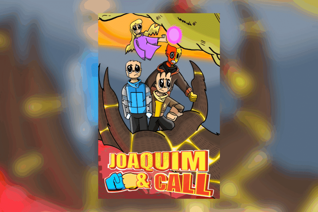 Capa ilustrada do livro “Joaquim e Call - O Mundo Submerso”, com quatro personagens sobre uma rocha. Capa ilustrada do livro “Joaquim e Call - O Mundo Submerso”, com quatro personagens sobre uma rocha.
