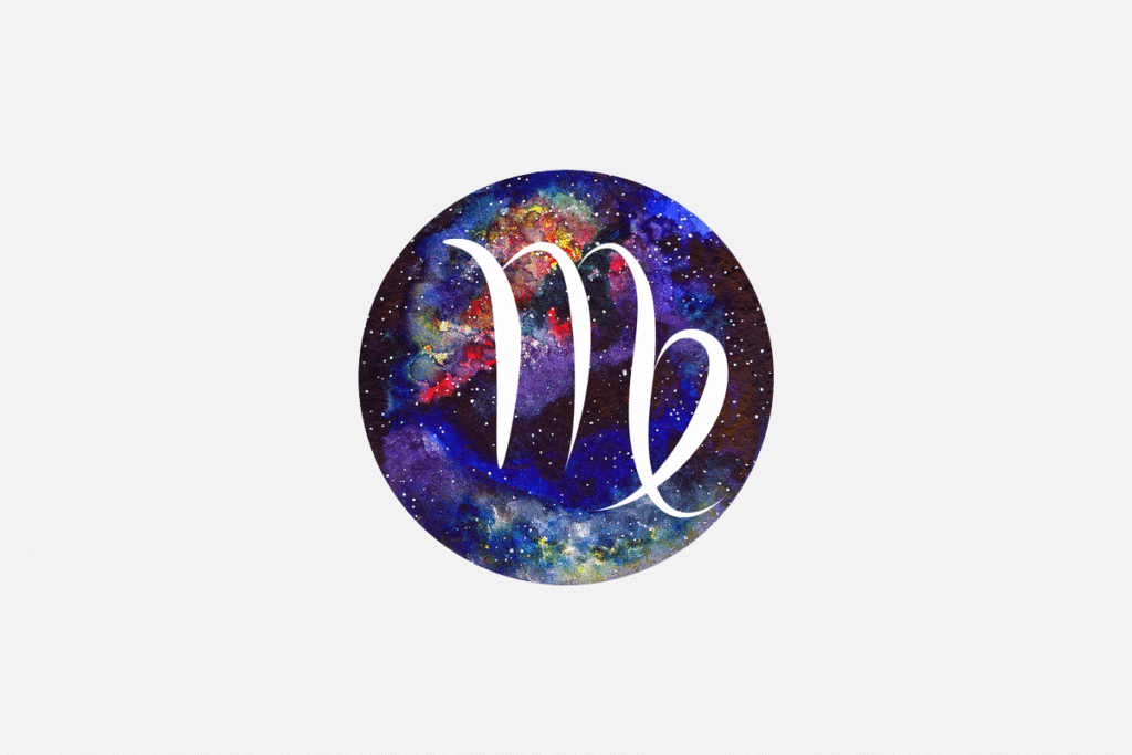 Ilustração do signo de Virgem, em fundo cinza-claro, contendo um disco com textura de galáxia estrelada com símbolo formado por uma letra M estilizada com laço final em traço branco.