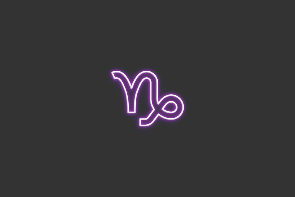 Ilustração do signo de Capricórnio, em fundo cinza-escuro, contendo um N com um laço na ponta, desenhado em neon roxo.