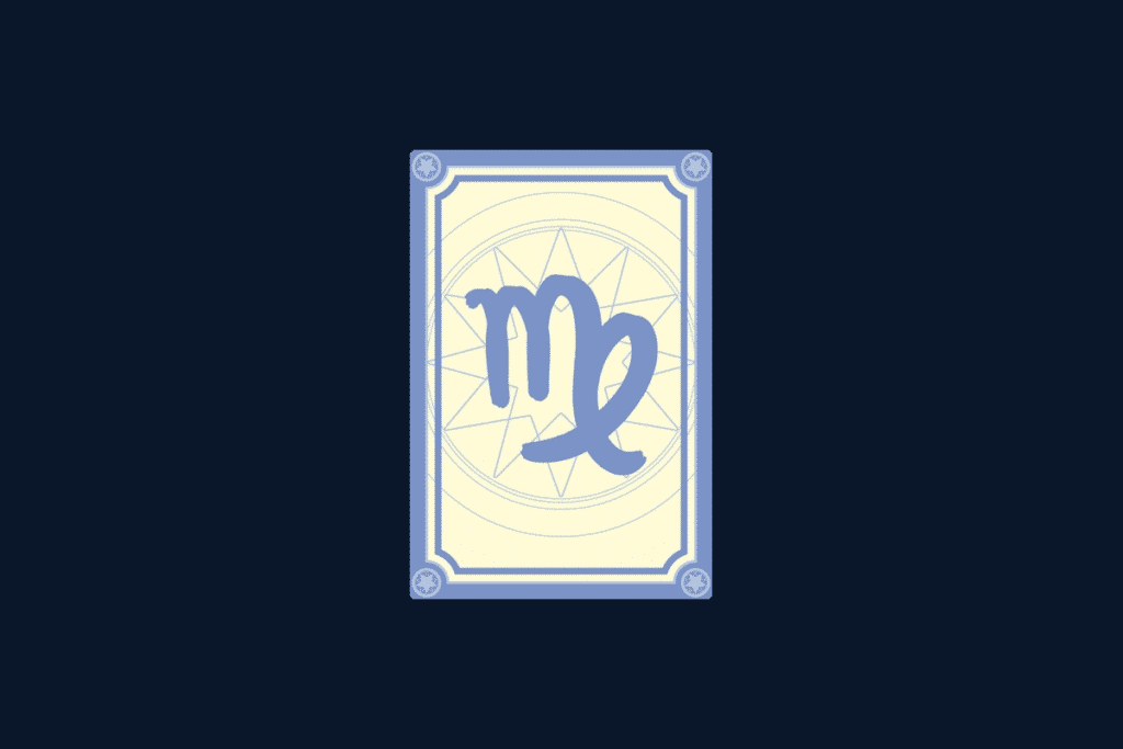 Ilustração do signo de Virgem, contendo a letra M encerrada por um laço, no centro de uma carta de tarô, em fundo azul-escuro