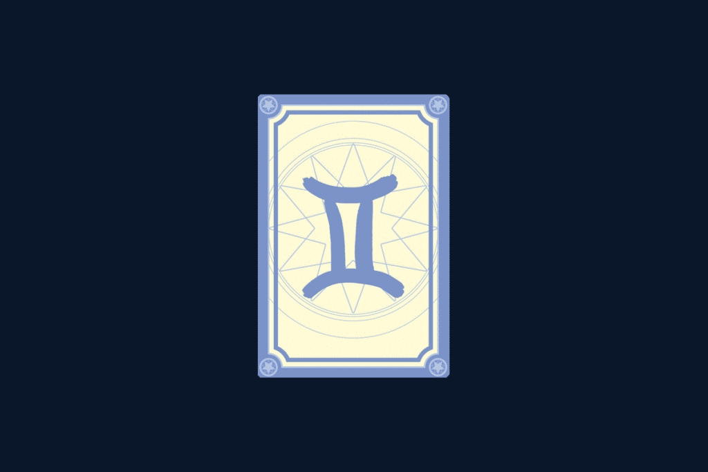 Ilustração do signo de Gêmeos, contendo duas colunas paralelas unidas por traços, no centro de uma carta de tarô, em fundo azul-escuro
