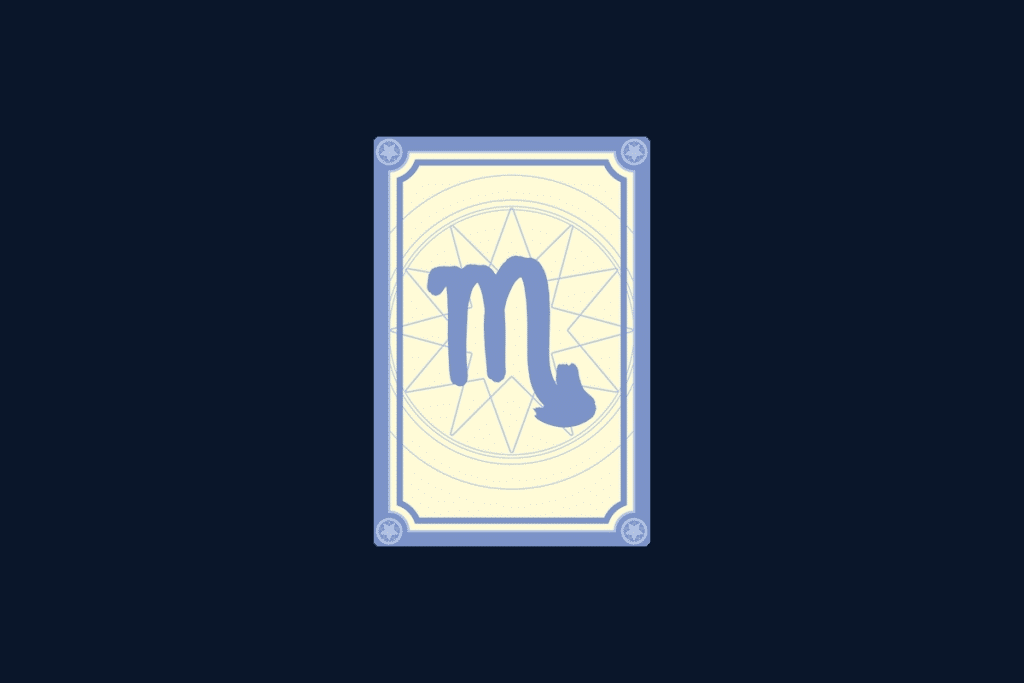 Ilustração do signo de Escorpião, contendo a letra M terminada em uma cauda de ferrão, no centro de uma carta de tarô, em fundo azul-escuro