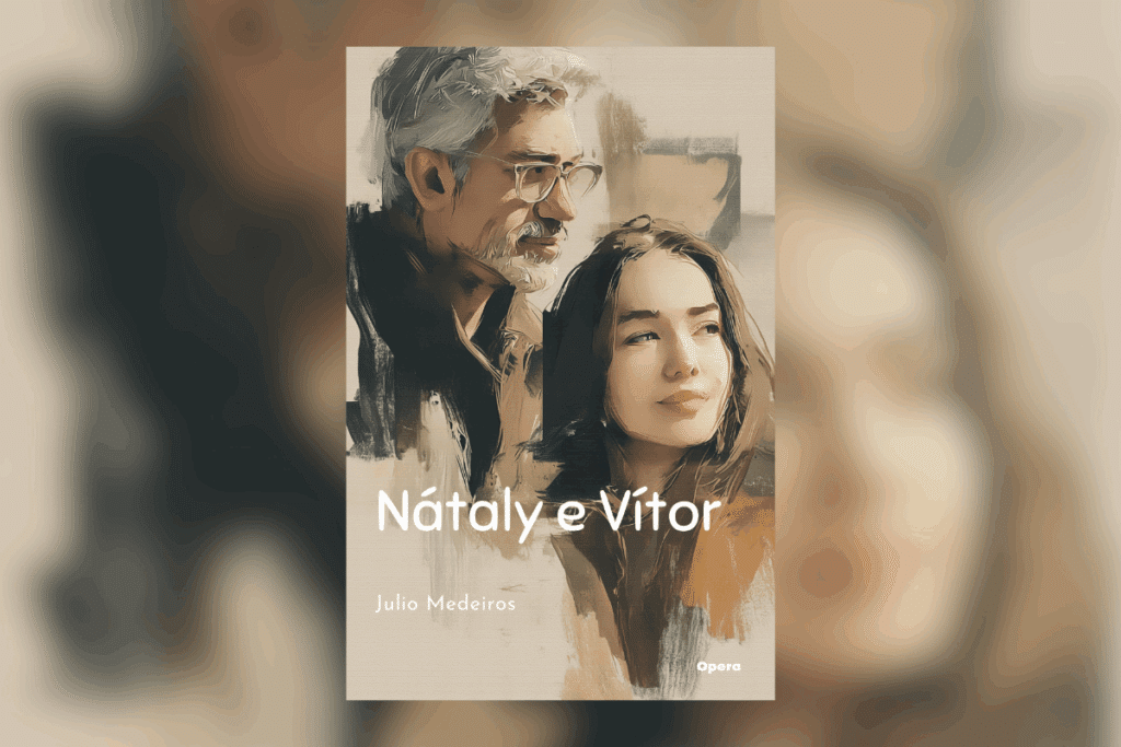 Capa do livro “Nátaly e Vítor”, com o retrato pintado de um homem de óculos e uma jovem. Capa do livro “Nátaly e Vítor”, com o retrato pintado de um homem de óculos e uma jovem.
