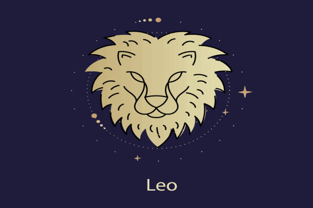 Ilustração amarela do símbolo e do nome do signo de leão sobre fundo azul-escuro