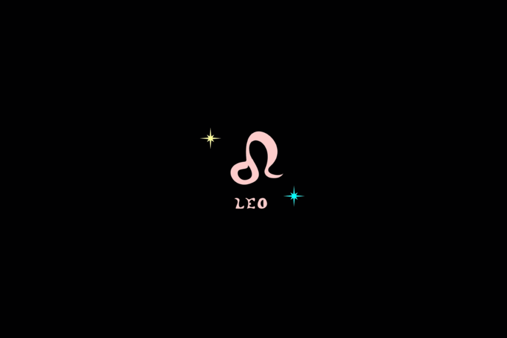 Ilustração do signo de Leão, na cor laranja e com o nome abaixo, centralizado sobre fundo preto e com estrelas ao redor