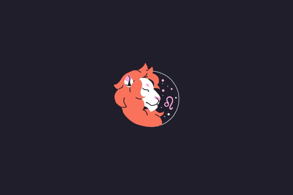 Ilustração do signo de leão centralizado em um fundo roxo-escuro