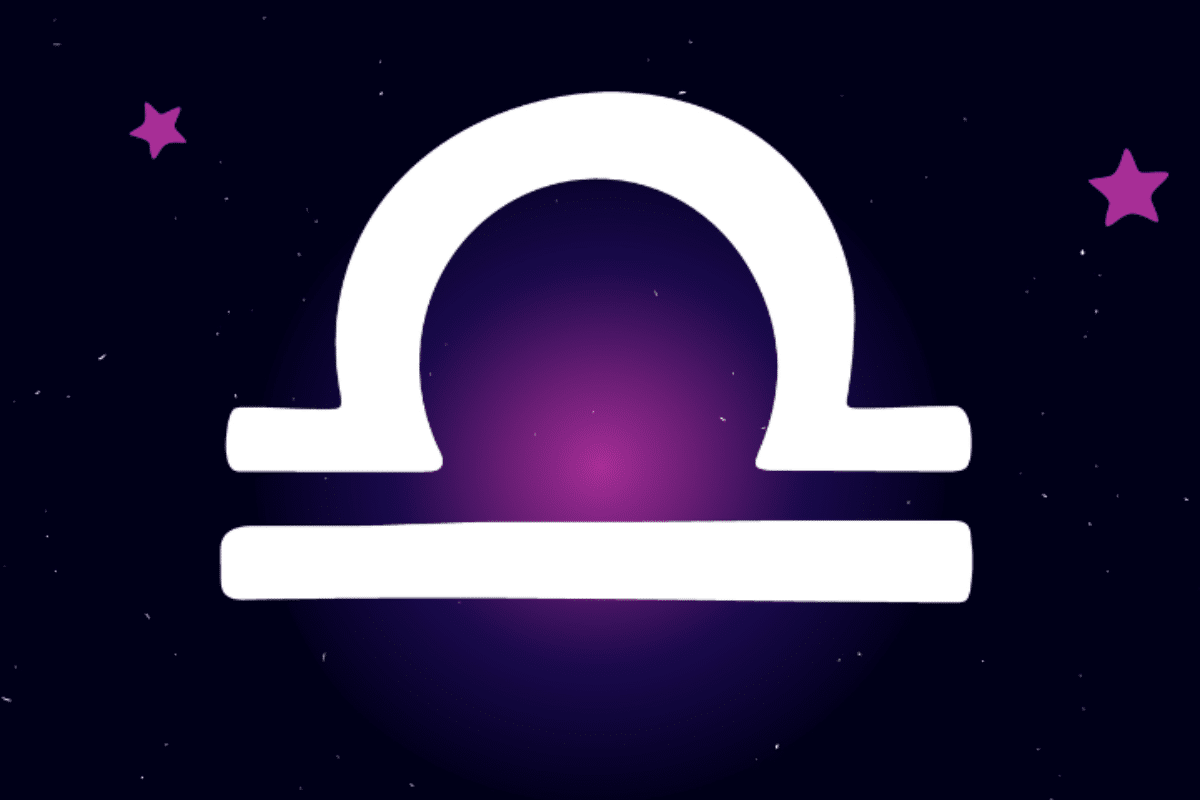 A imagem apresenta o símbolo astrológico de Libra em branco e ocupando grande parte da região central. Ele é formado por uma linha horizontal sobre a qual surge uma grande curva semicircular, além de uma segunda linha horizontal posicionada logo abaixo. O desenho remete à forma tradicional associada à balança e ao horizonte.