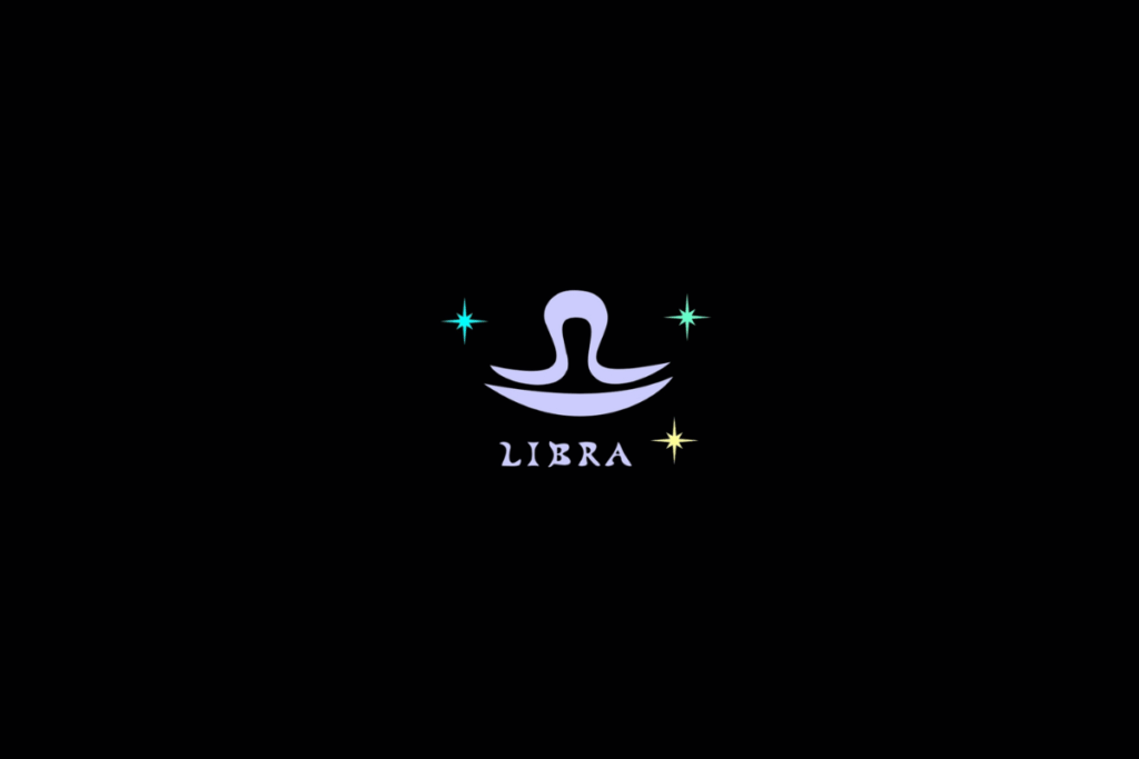Ilustração do signo de Libra, na cor roxa e com o nome abaixo, centralizado sobre fundo preto e com estrelas ao redor