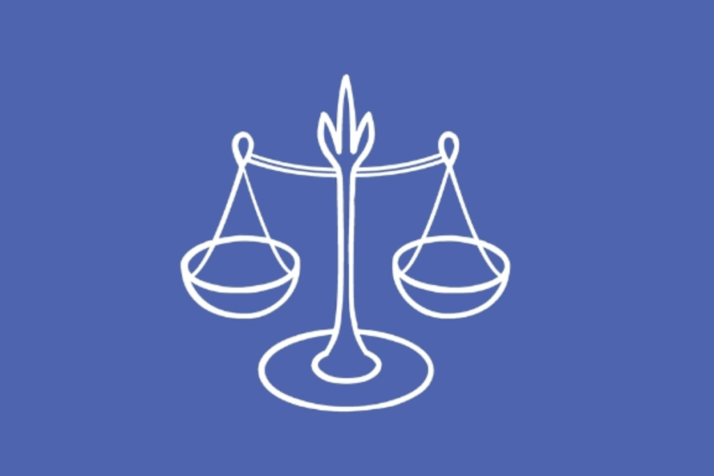 A imagem representa o signo de Libra com o desenho de uma balança de dois pratos. A ilustração branca está centralizada sobre um fundo azul uniforme.