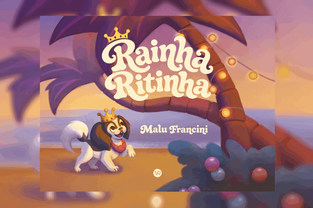 Capa de livro com título e nome do autor escrito em branco e ilustração de cachorrinha branca e preta com cora na cabeça andando no meio de floresta