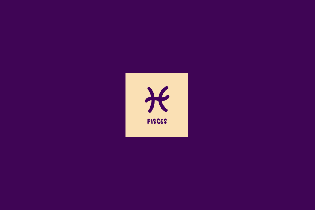 Ilustração do signo de peixes dentro de um quadrado bege-claro e centralizado em fundo roxo-escuro