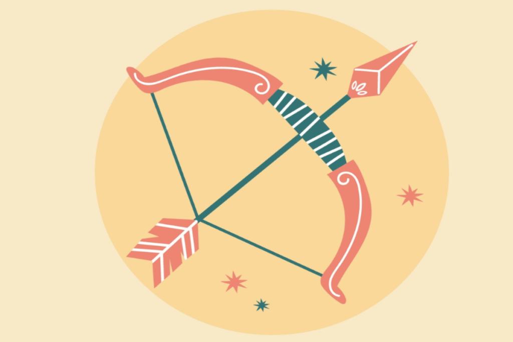 A imagem representa o signo de Sagitário por meio de um arco e uma flecha. O arco tem formato curvado e é predominantemente coral, com uma faixa central verde-azulada decorada por linhas brancas. A flecha atravessa a composição na diagonal, partindo da região inferior esquerda em direção à parte superior direita.