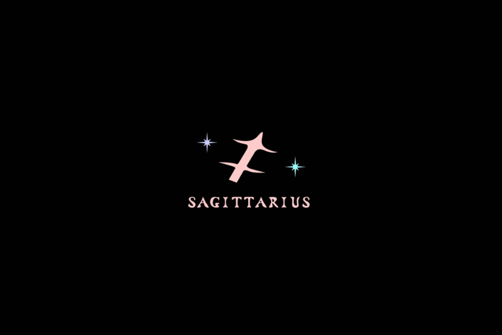 Ilustração do signo de Sagitário, na cor laranja e com o nome abaixo, centralizado sobre fundo preto e com estrelas ao redor