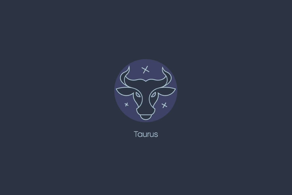 Ilustração do signo de Touro dentro de um círculo azul-claro com estrelas, nome do signo abaixo e fundo azul-escuro