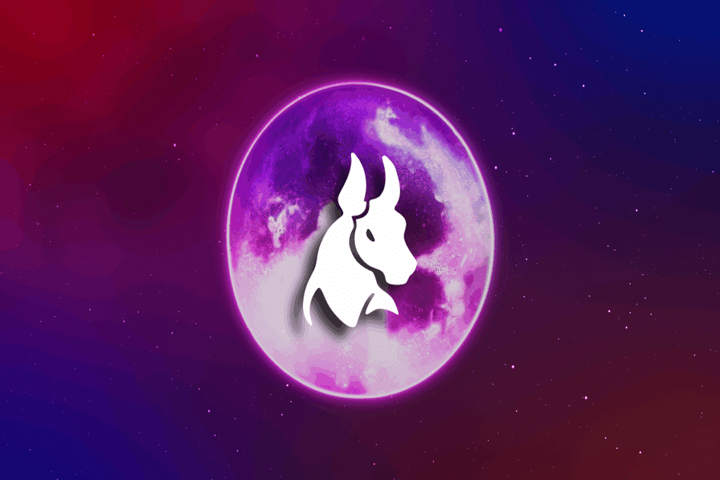 A imagem apresenta uma representação do signo de Touro, com a silhueta branca da cabeça de um touro posicionada no centro de uma lua em tons de roxo e rosa.