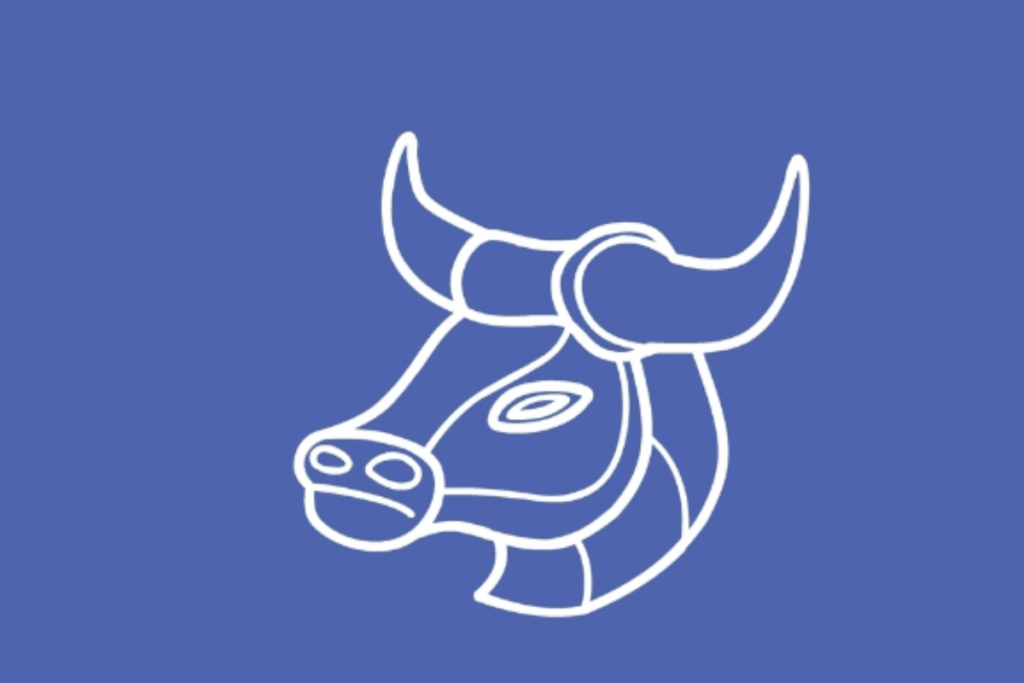 A imagem apresenta a cabeça estilizada de um touro, símbolo associado ao signo de Touro. O animal aparece centralizado sobre um fundo azul, desenhado inteiramente com linhas brancas.