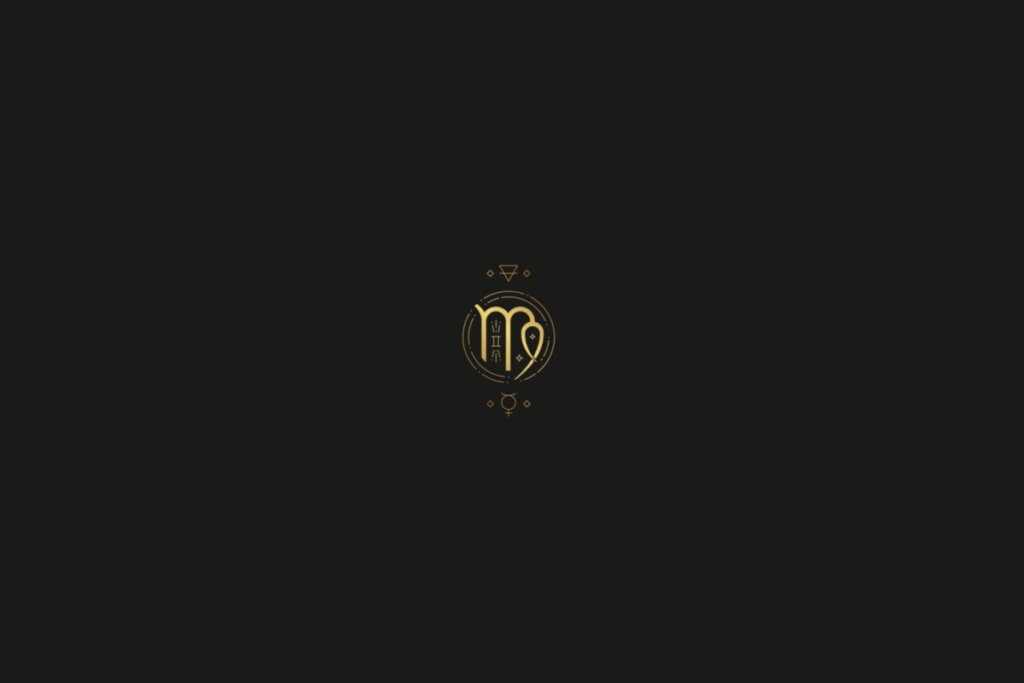 Ilustração do signo de virgem na cor dourada, com estrelas, quadrados e triângulos ao redor, em um fundo preto