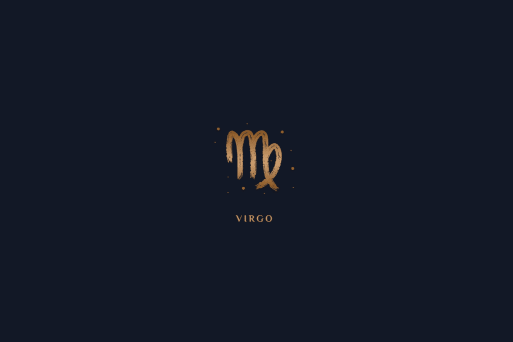 Ilustração do símbolo de virgem em dourado, com o nome do signo abaixo, centralizado em fundo azul-escuro