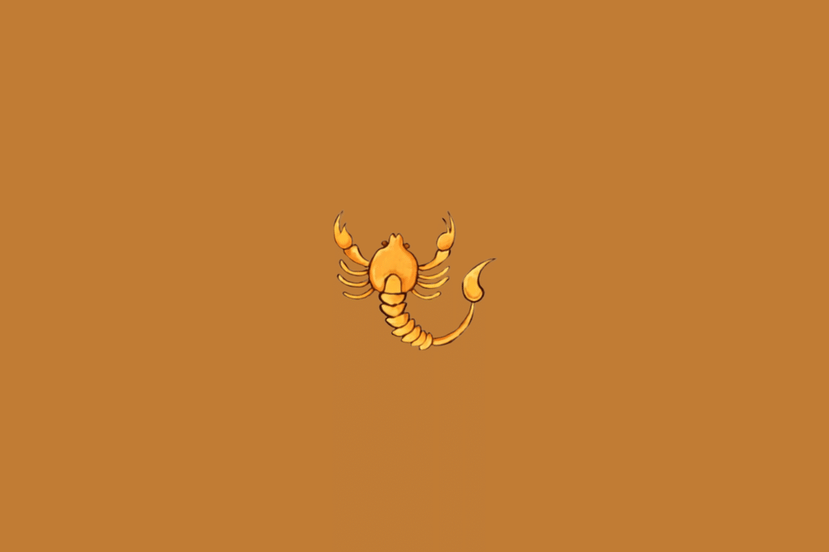 Símbolo do signo de Escorpião representado por um escorpião em tons de amarelo e laranja, com as pinças levantadas e a cauda curvada, centralizado sobre um fundo marrom-alaranjado.