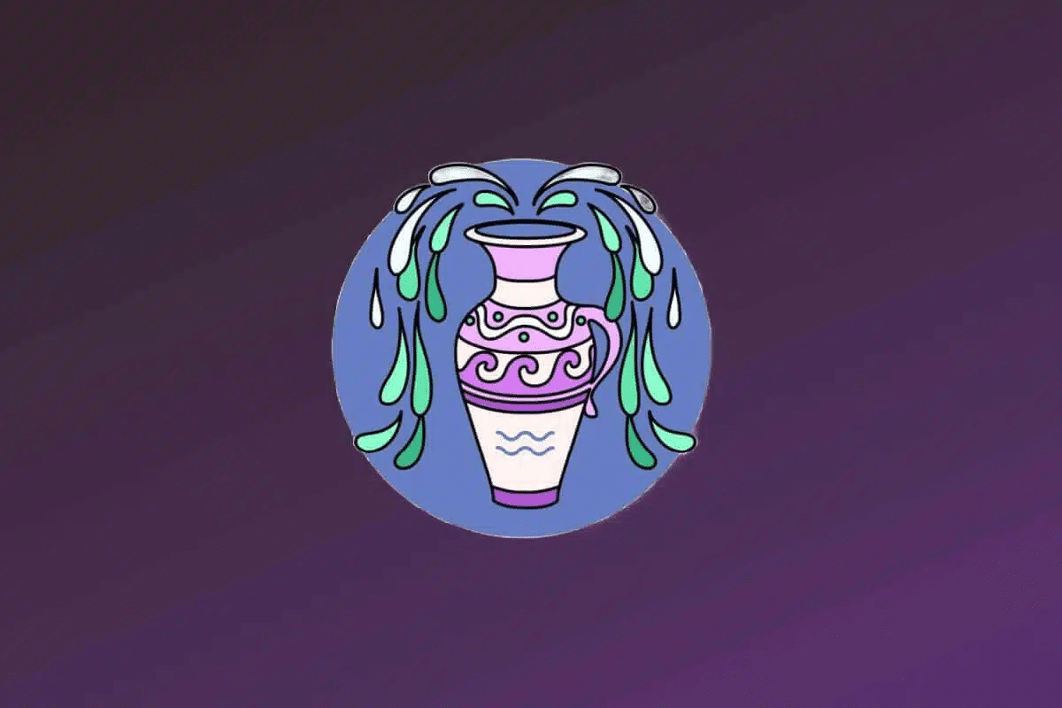 Ilustração do signo de Aquário. Um vaso ou ânfora decorada com ondas roxas e detalhes em branco está centralizado. Do topo do vaso, jorram fluxos de água estilizados em tons de verde-água e branco que caem pelas laterais. O símbolo de Aquário (duas ondas) aparece desenhado na parte inferior do próprio vaso. 