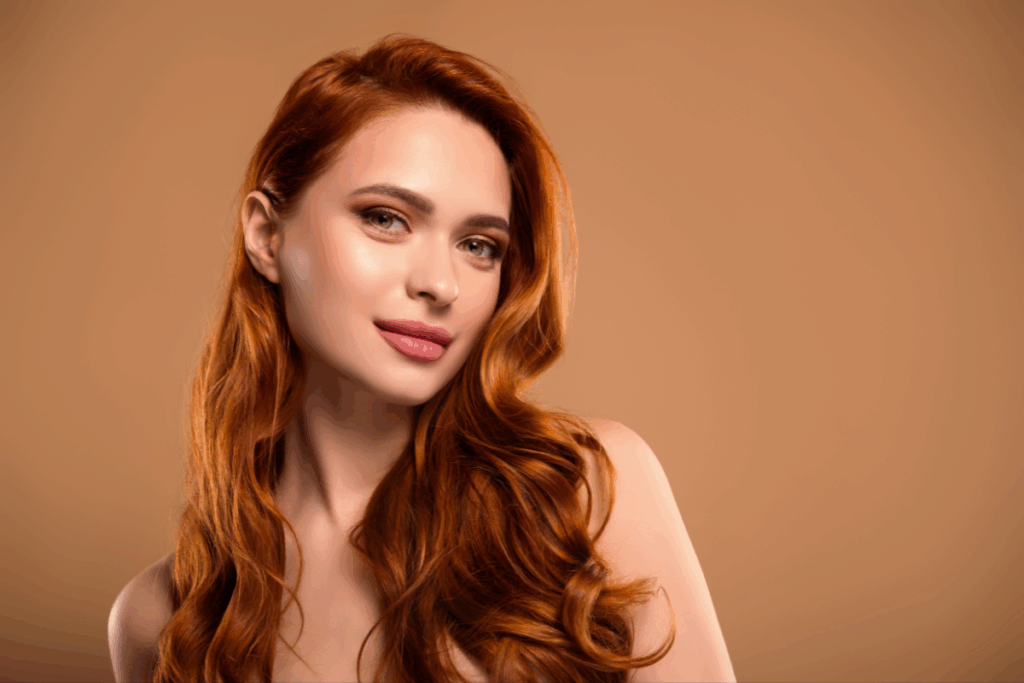 Mulher ruiva de pele clara e olhos verdes sorrindo levemente, com cabelos longos e ondulados caindo sobre os ombros em um fundo bege.