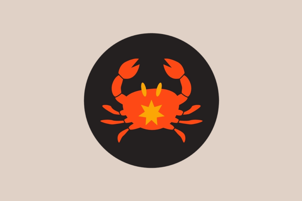 Ilustração do signo de Câncer representando um caranguejo vermelho com uma estrela amarela desenhada no centro de sua carapaça.