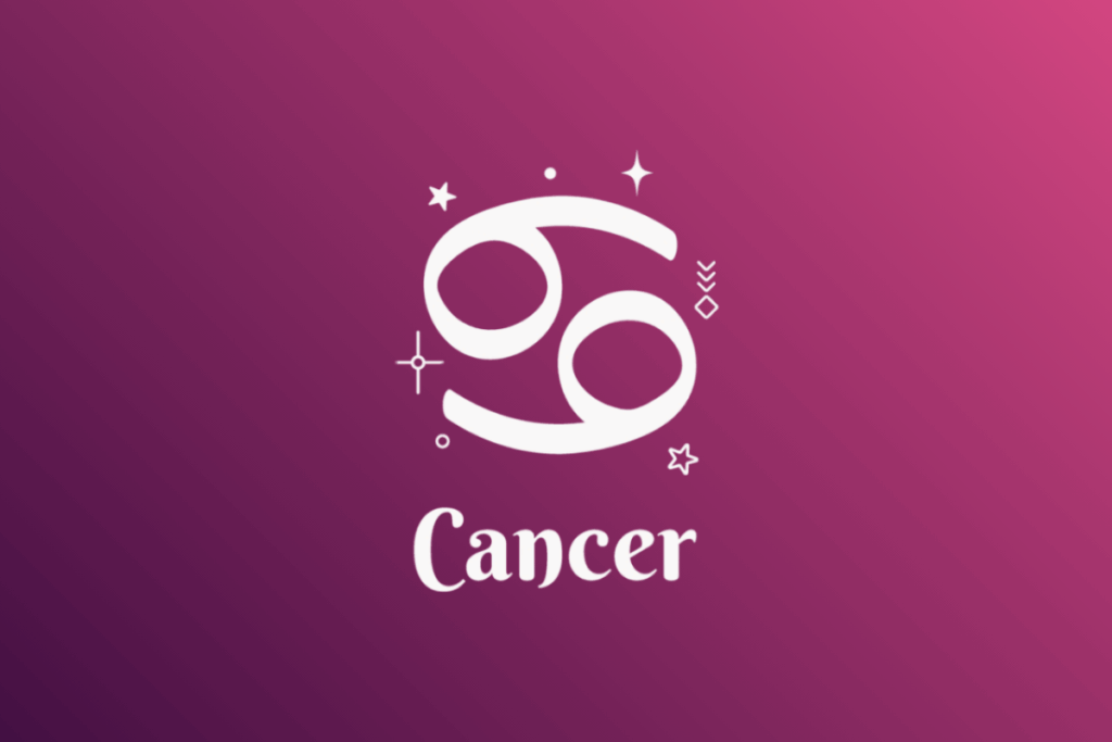 Imagem com fundo em gradiente de roxo para rosa, apresentando o símbolo branco do signo de Câncer (o número 69 deitado) cercado por estrelas e pequenos elementos místico-astrológicos. Abaixo do símbolo, está escrita a palavra "Cancer".