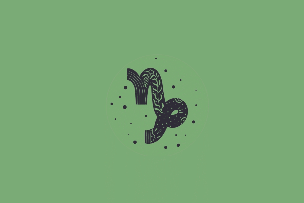Símbolo do signo de Capricórnio desenhado com detalhes botânicos e pequenos pontos escuros ao redor, centralizado em um círculo sobre fundo verde-médio.