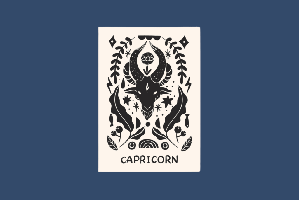 Uma carta vertical em tons de creme sobre um fundo azul-petróleo. A ilustração em preto, estilo carimbo recortado, mostra a cabeça de uma cabra central com grandes chifres curvos e listrados. O desenho é simétrico e preenchido com ramos botânicos frondosos, bagas redondas, estrelas pontiagudas, formas de diamantes e símbolos de raios. Abaixo da ilustração, a palavra "CAPRICORN" em letras maiúsculas sans-serif em preto.