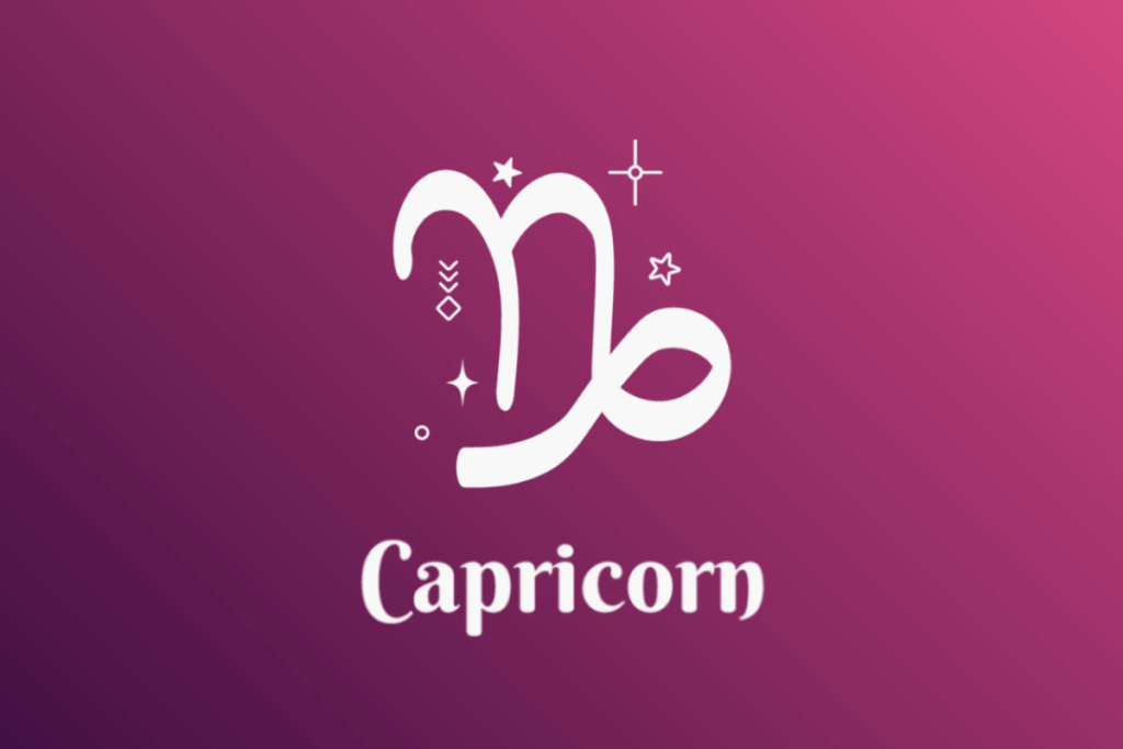 Imagem com fundo em gradiente de roxo para rosa, apresentando o símbolo branco do signo de Capricórnio cercado por estrelas e pequenos elementos místico-astrológicos. Abaixo do símbolo, está escrita a palavra "Capricorn".