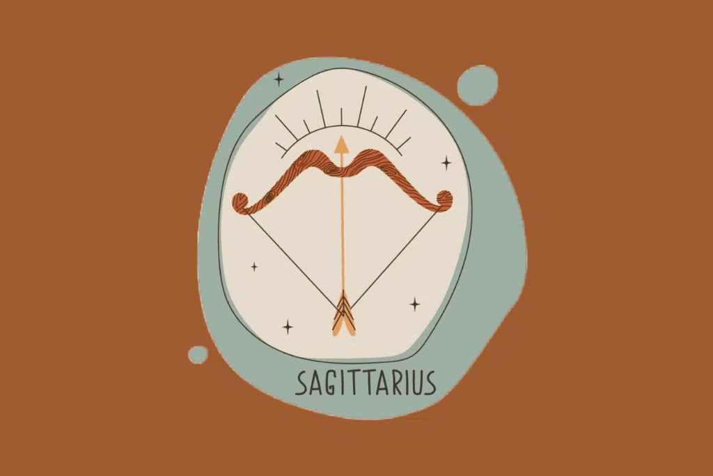 Ilustração do signo de Sagitário mostrando um arco de madeira marrom com uma flecha apontada para cima. O desenho está contido em uma forma arredondada verde-água com pequenos detalhes de faíscas e uma auréola de linhas finas no topo em um fundo marrom 