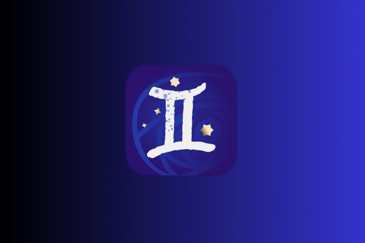 Ilustração com fundo azul e roxo exibindo um ícone central do signo de Gêmeos em tom branco, semelhante ao número romano II, cercado por pequenas estrelas douradas.