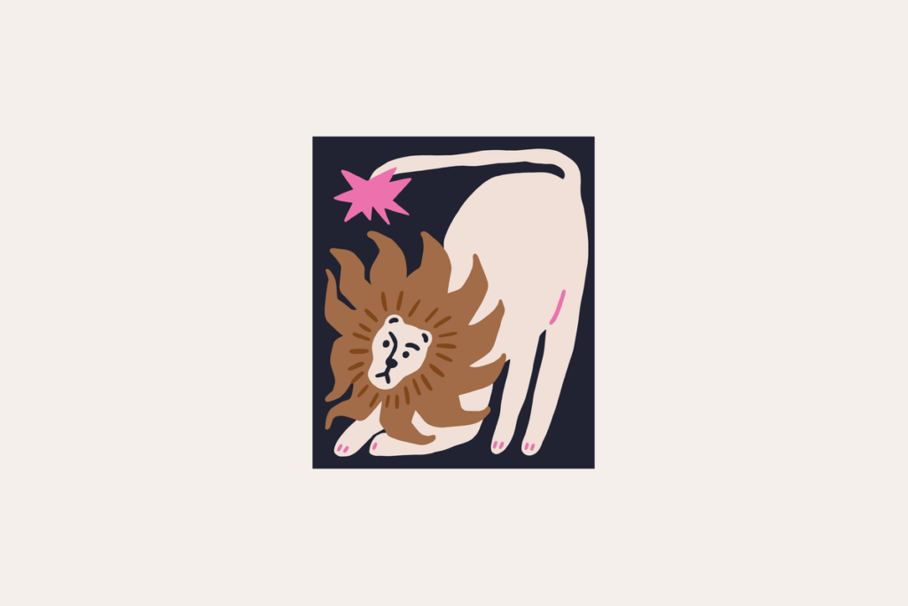 Ilustração do signo de Leão, contendo um leão creme espreguiçando-se com as patas dianteiras estendidas, a juba marrom em formato de chamas ao redor do rosto e unhas rosadas; a ponta da cauda erguida toca uma estrela rosa, em fundo azul-marinho.