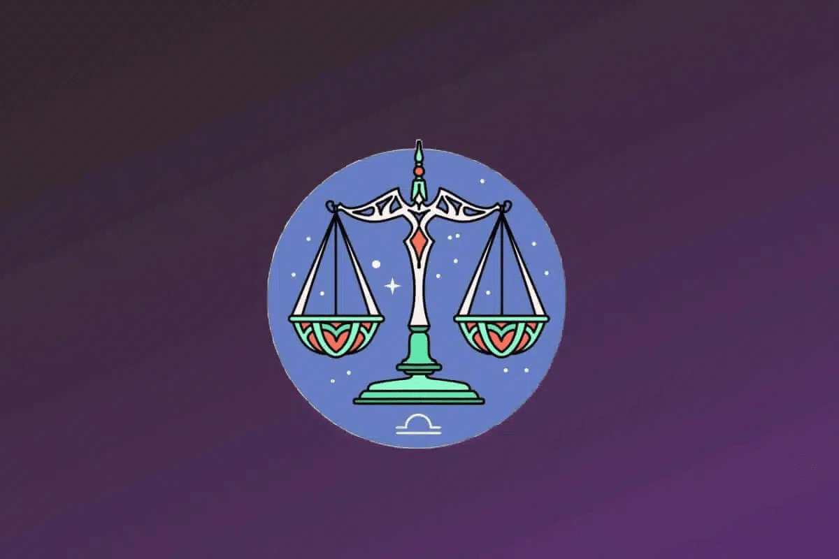 Ilustração estilizada do signo de Libra. No centro de um círculo azul, há uma balança simétrica de cor verde-água com detalhes em branco e coral. Os pratos da balança pendem de correntes finas e possuem padrões geométricos em tons de laranja e verde. Logo abaixo da base da balança, encontra-se o símbolo de Libra em branco. 
