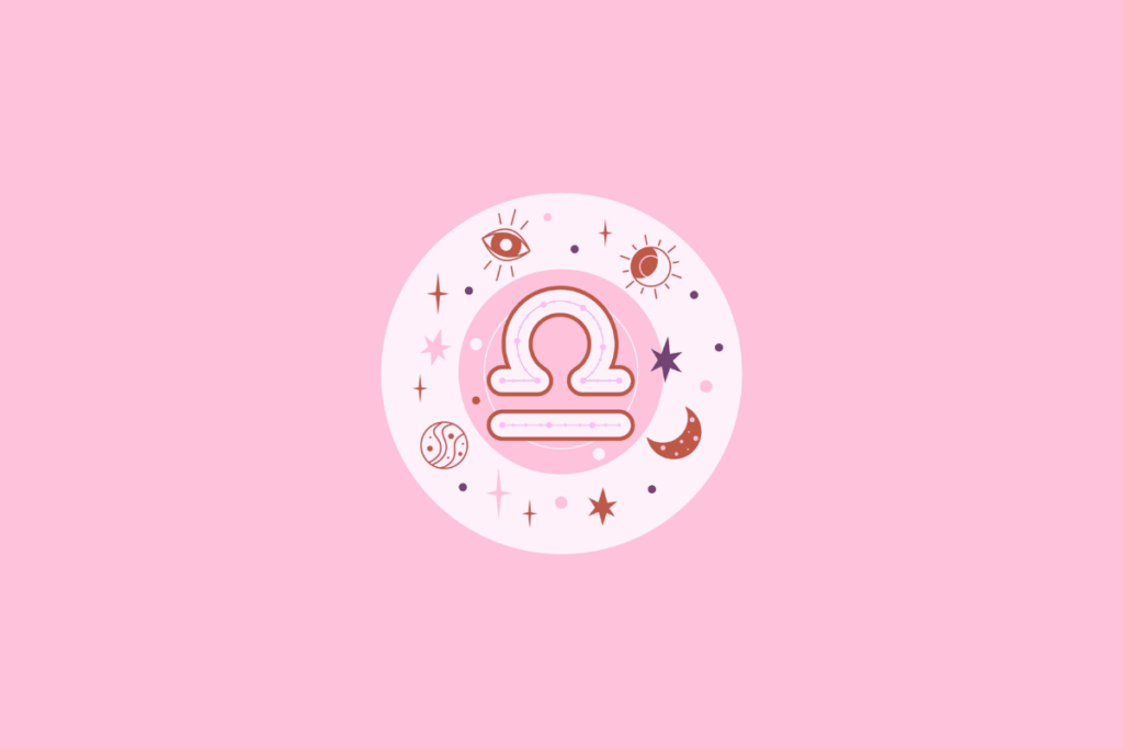 Ilustração estilizada em tons de rosa do símbolo do signo de Libra, cercado por elementos místicos como lua, sol e estrelas.