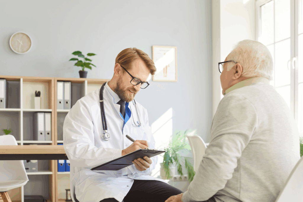 Médico usando jaleco branco, óculos e estetoscópio no pescoço, escrevendo em uma prancheta enquanto atende um homem idoso em seu consultório.