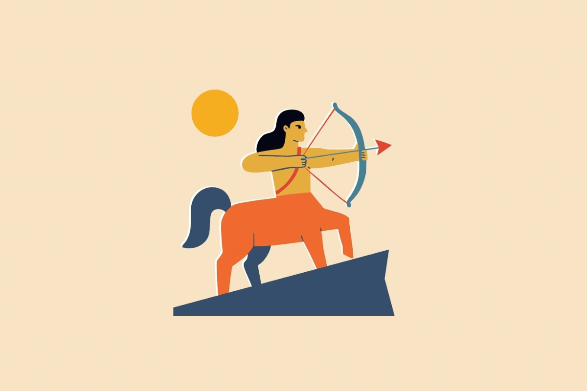 Ilustração estilizada de um centauro alaranjado em cima de uma plataforma azul-escura mirando um arco e flecha para a direita, sob um sol amarelo em fundo bege.