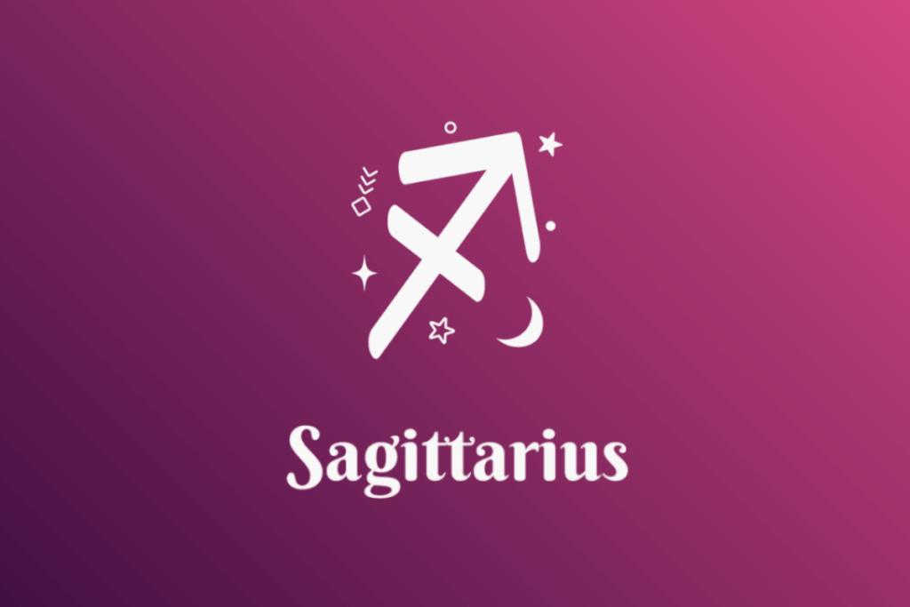 Imagem com fundo em gradiente de roxo para rosa, apresentando o símbolo branco do signo de Sagitário (uma flecha cruzada) cercado por estrelas, luas e pequenos elementos místico-astrológicos. Abaixo do símbolo, está escrita a palavra "Sagittarius".