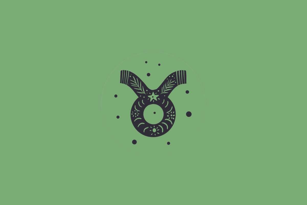 Símbolo do signo de Touro desenhado com detalhes botânicos e pequenos pontos escuros ao redor, centralizado em um círculo sobre fundo verde-médio.