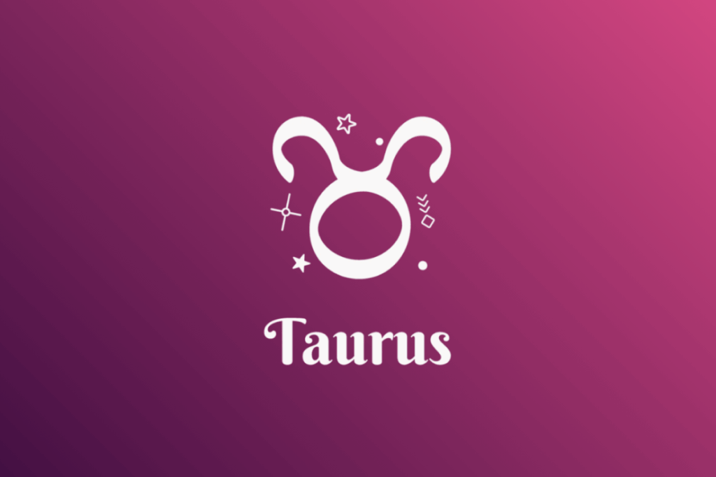 Imagem com fundo em gradiente de roxo para rosa, apresentando o símbolo branco do signo de Touro (um círculo com chifres na parte superior) cercado por estrelas e pequenos elementos místico-astrológicos. Abaixo do símbolo, está escrita a palavra "Taurus".