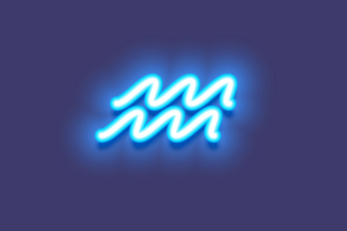 A imagem apresenta o símbolo do signo de aquário em branco, com um intenso efeito luminoso azul neon. O ícone está centralizado sobre um fundo azul-arroxeado escuro, criando uma aparência moderna e brilhante.
