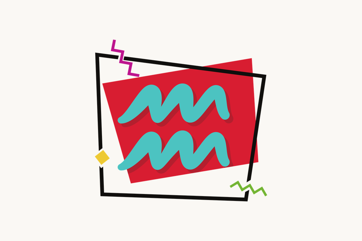 Ilustração do signo de Aquário, contendo o símbolo de duas linhas onduladas paralelas, em azul-turquesa, centralizado sobre um quadrado vermelho emoldurado em preto, com pequenos losangos e zigue-zagues coloridos ao redor, em fundo claro.